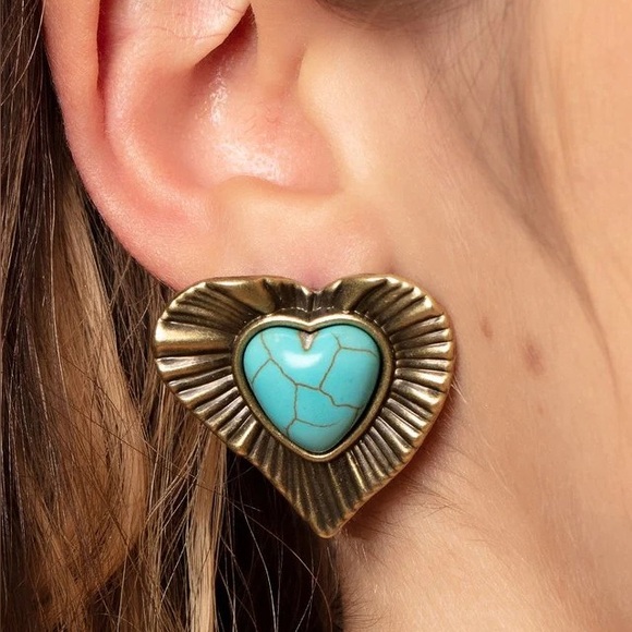 Brass and Turquoise Heart Earrings - Picture 2 of 2